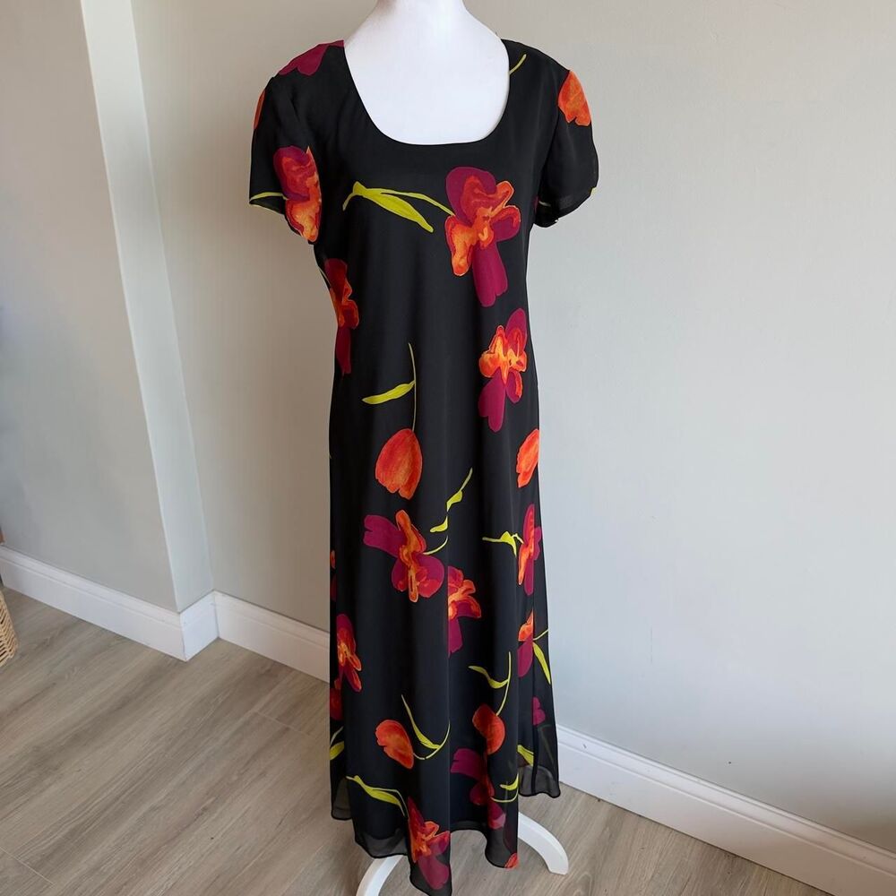 Jessica Howard Women's sz 12 Black & Orange Floral Maxi Dress Vintage 90's Fairy